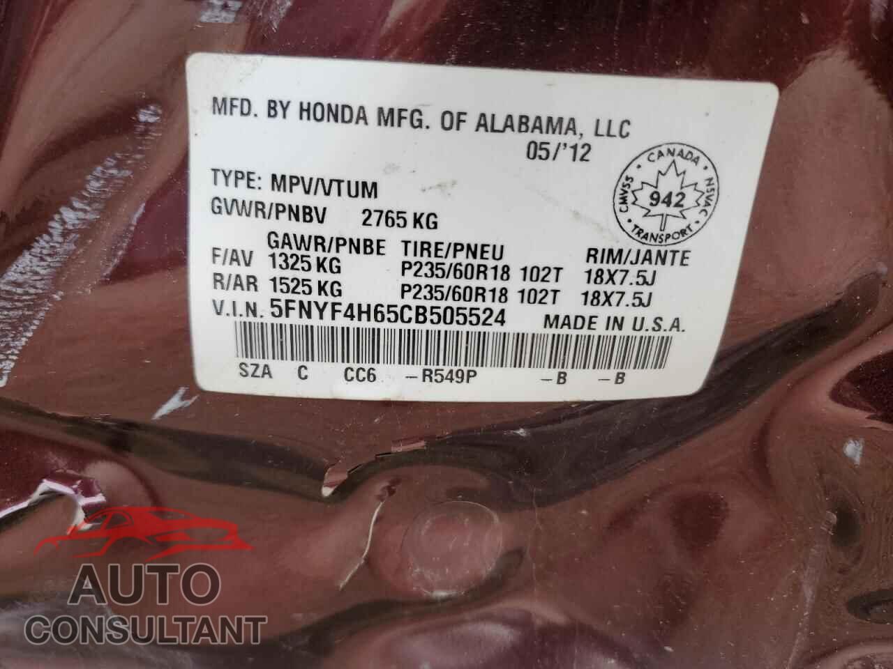 HONDA PILOT 2012 - 5FNYF4H65CB505524