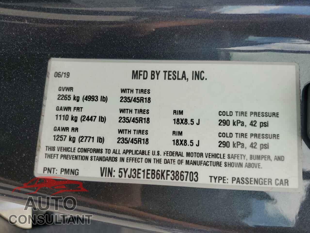 TESLA MODEL 3 2019 - 5YJ3E1EB6KF386703