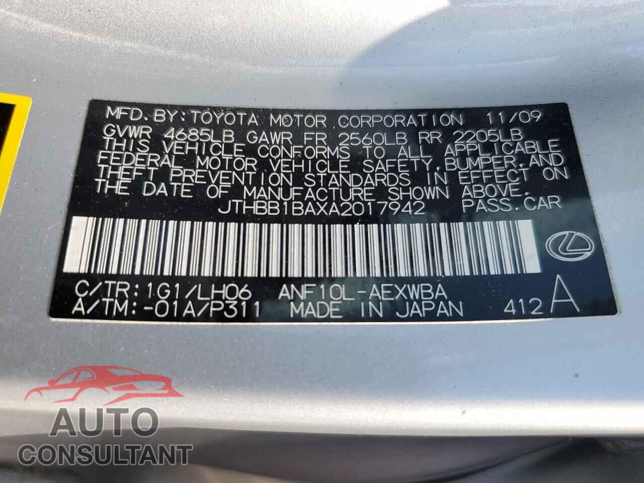 LEXUS HS 2010 - JTHBB1BAXA2017942
