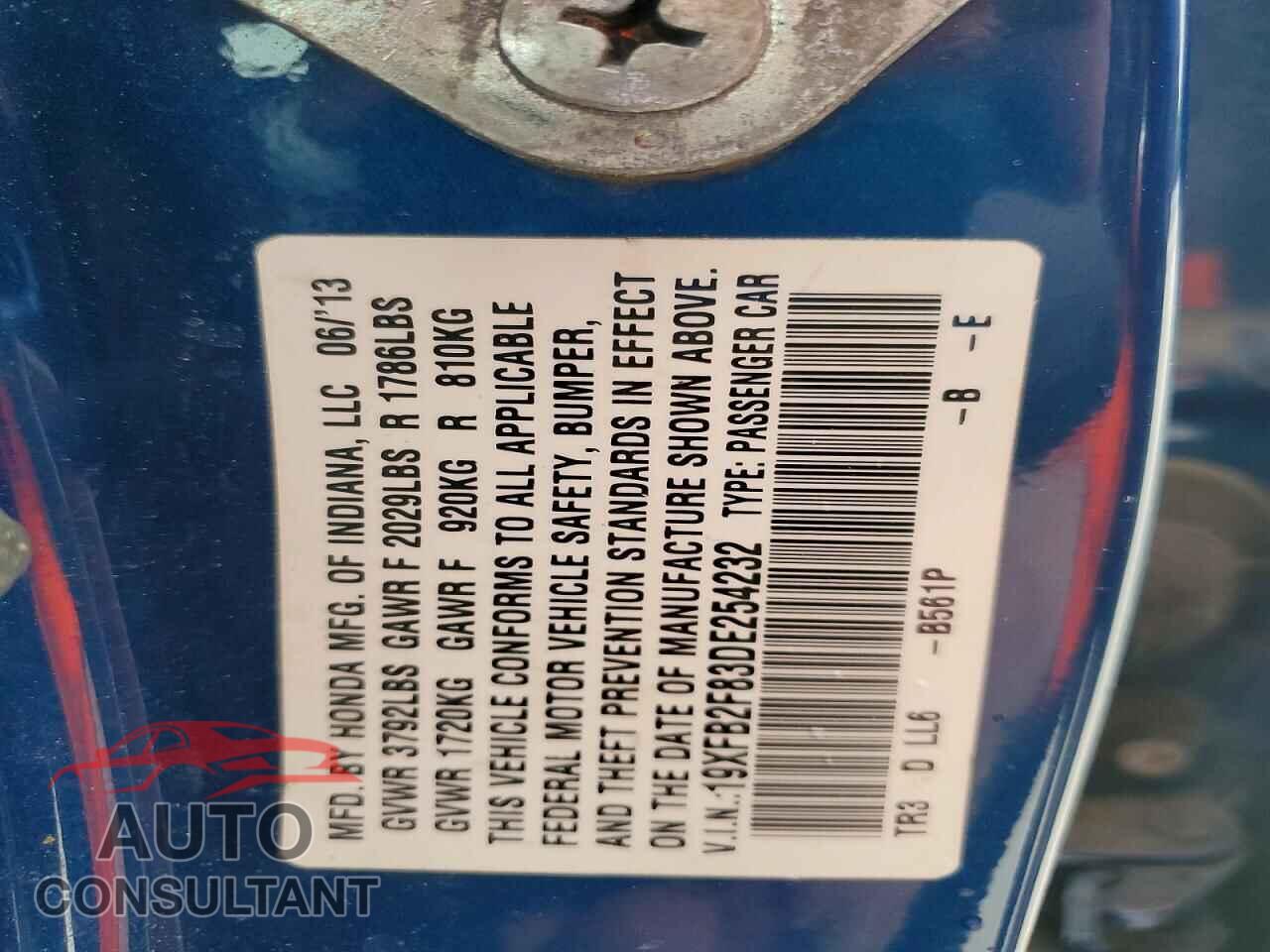 HONDA CIVIC 2013 - 19XFB2F83DE254232