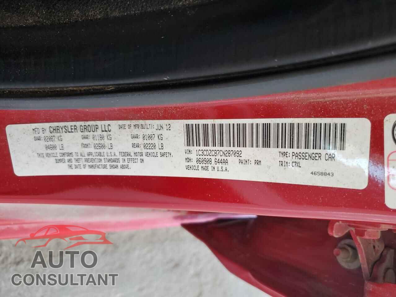 DODGE AVENGER 2012 - 1C3CDZCB7CN287092