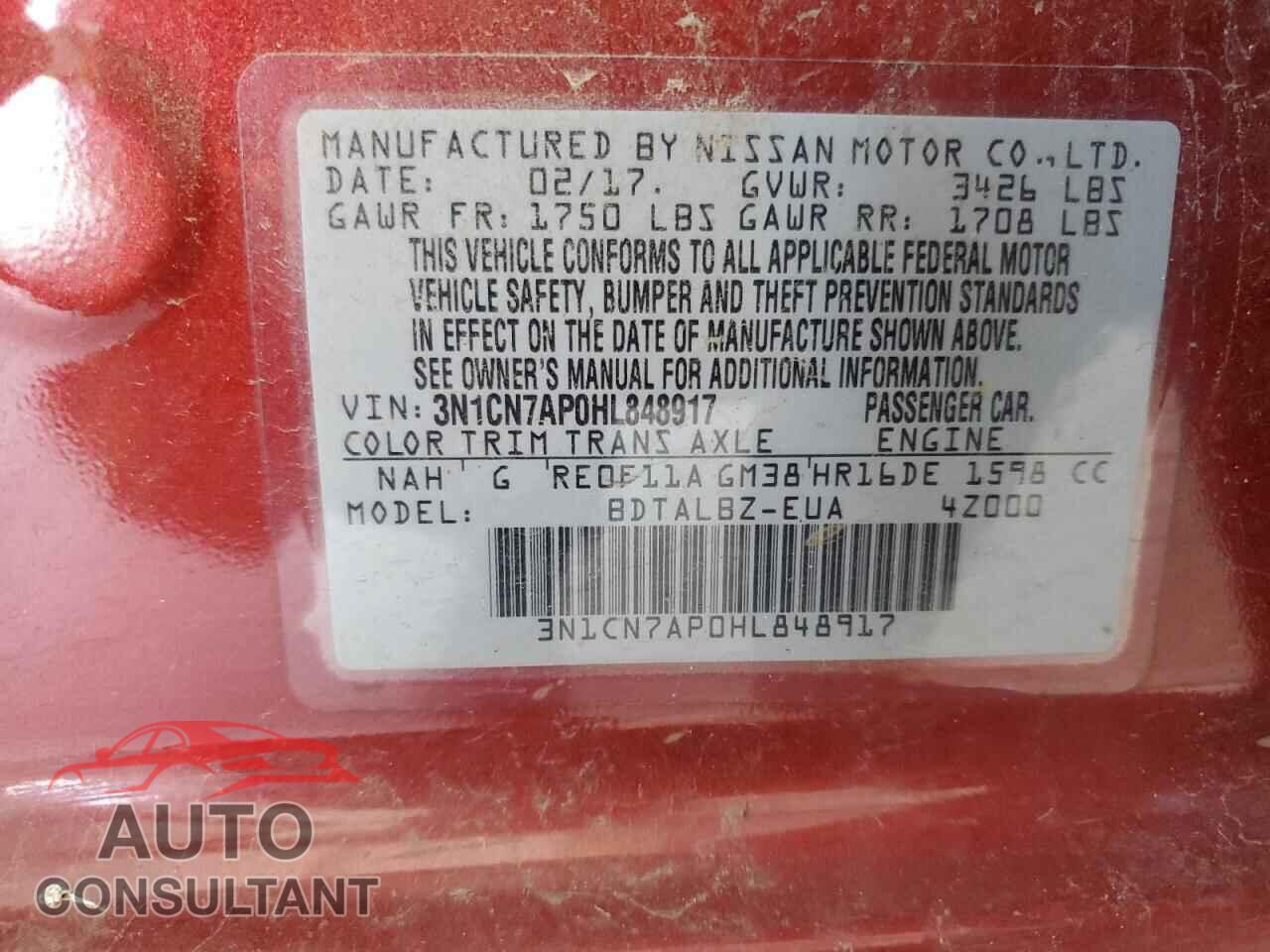 NISSAN VERSA 2017 - 3N1CN7AP0HL848917