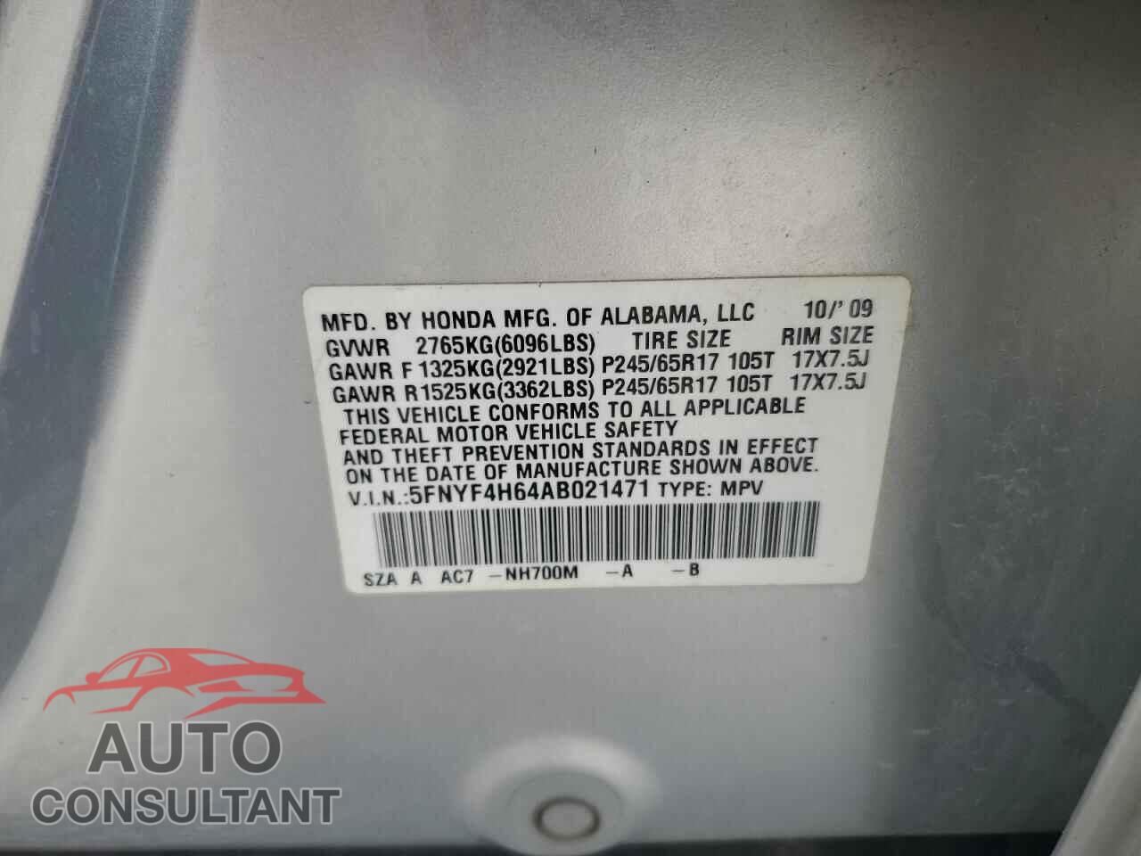 HONDA PILOT 2010 - 5FNYF4H64AB021471