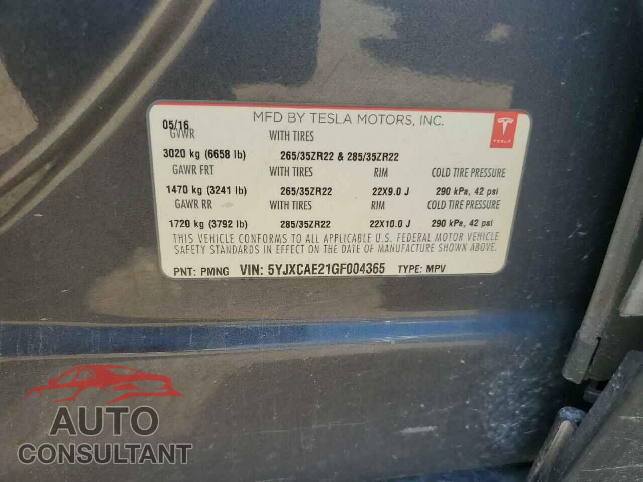 TESLA MODEL X 2016 - 5YJXCAE21GF004365