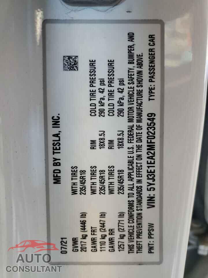 TESLA MODEL 3 2021 - 5YJ3E1EA2MF023549