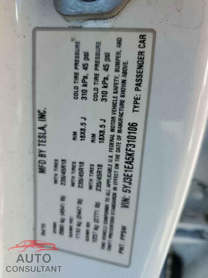 TESLA MODEL 3 2019 - 5YJ3E1EA5KF310106