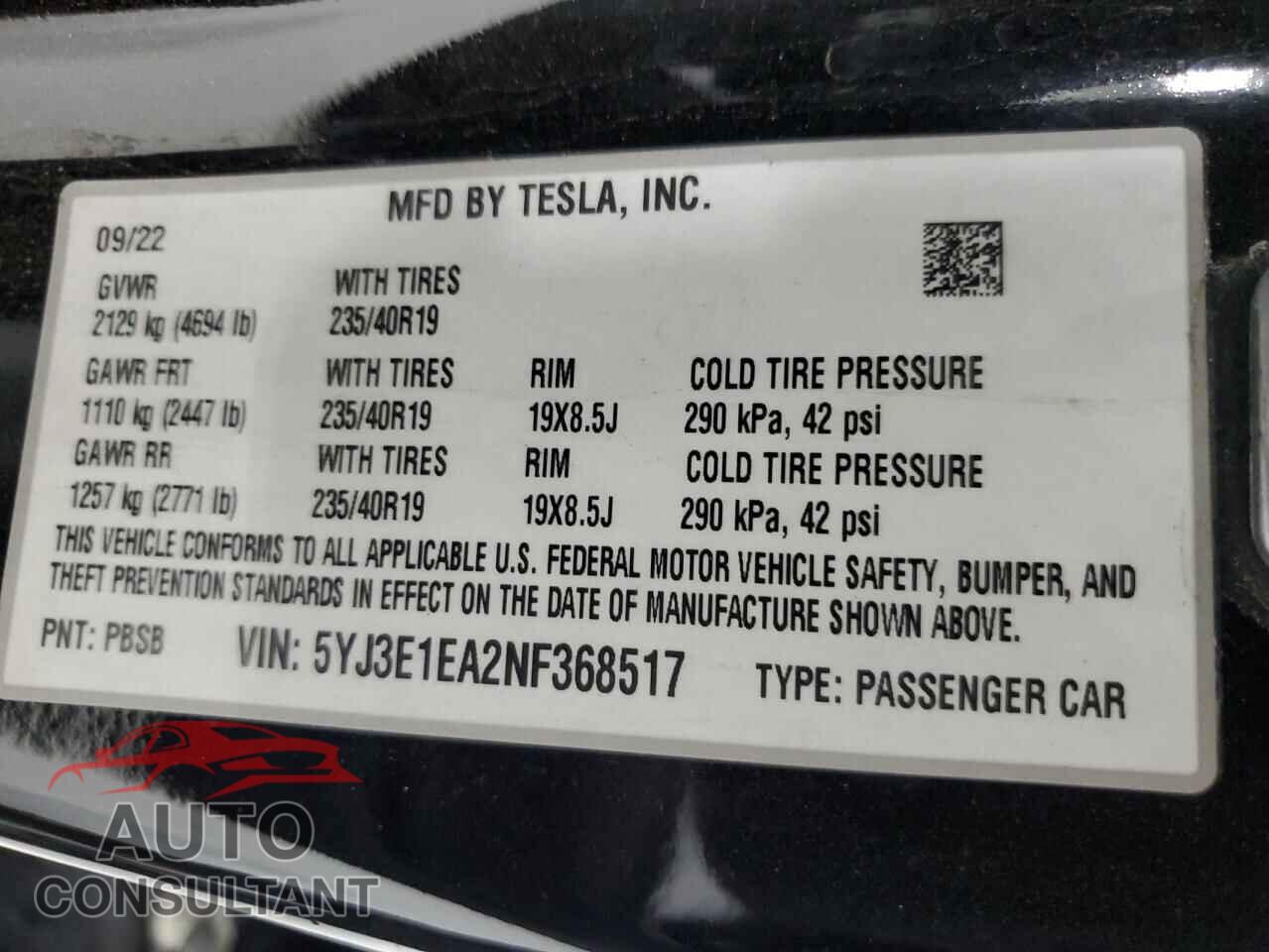 TESLA MODEL 3 2022 - 5YJ3E1EA2NF368517