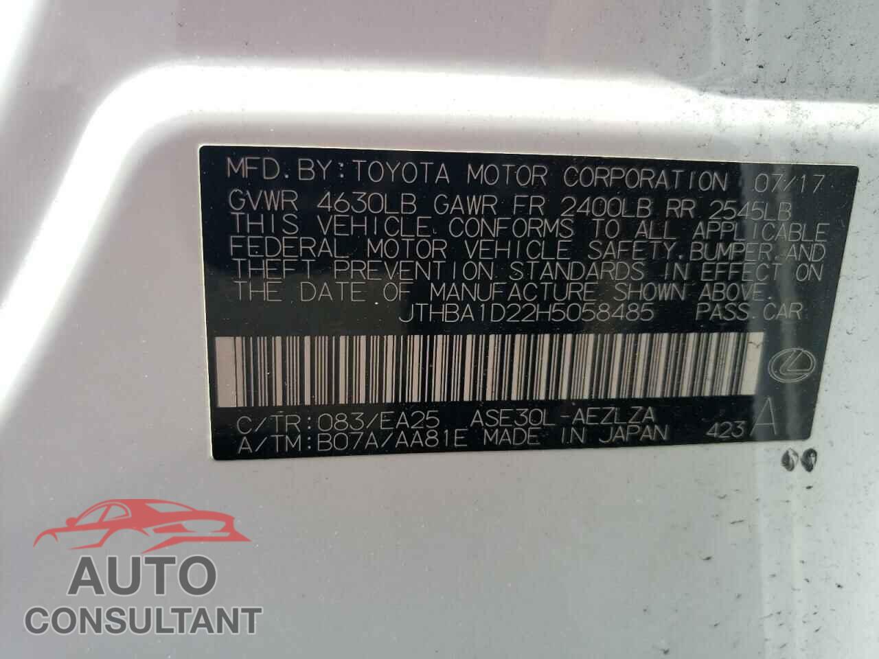 LEXUS IS 2017 - JTHBA1D22H5058485