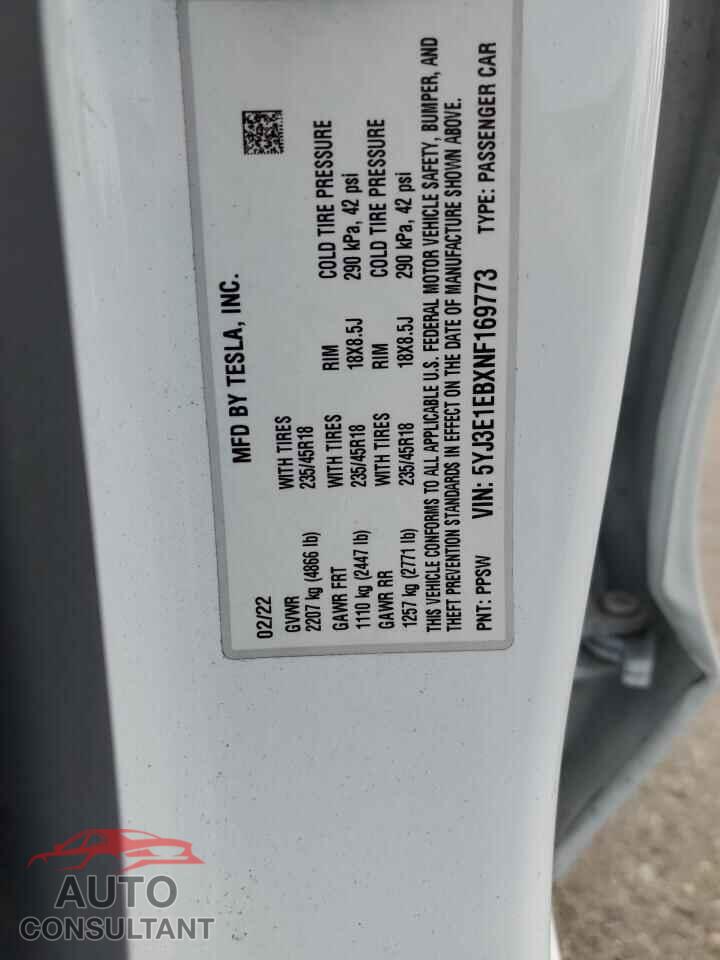 TESLA MODEL 3 2022 - 5YJ3E1EBXNF169773