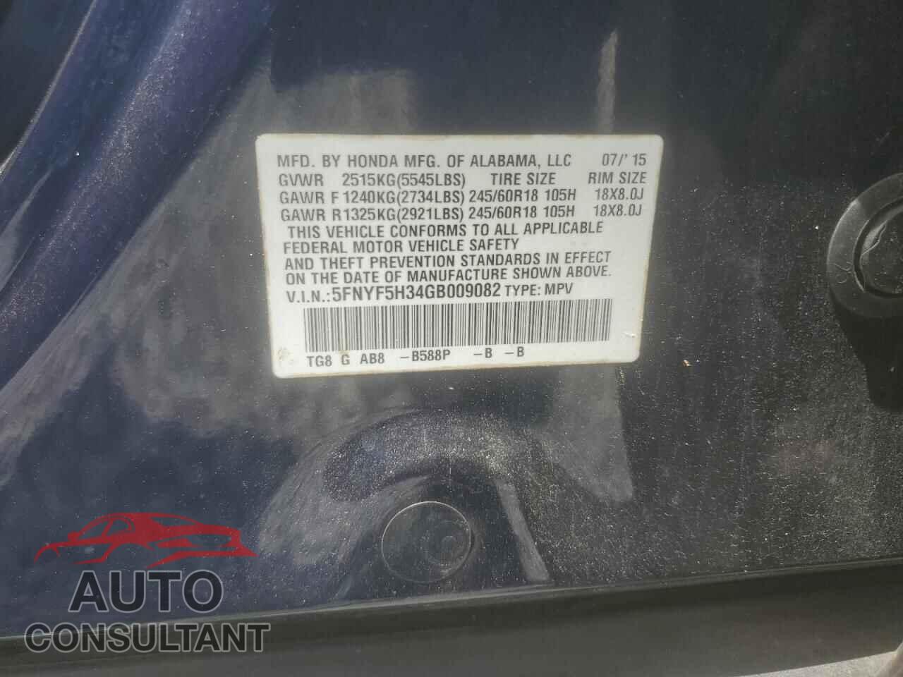 HONDA PILOT 2016 - 5FNYF5H34GB009082