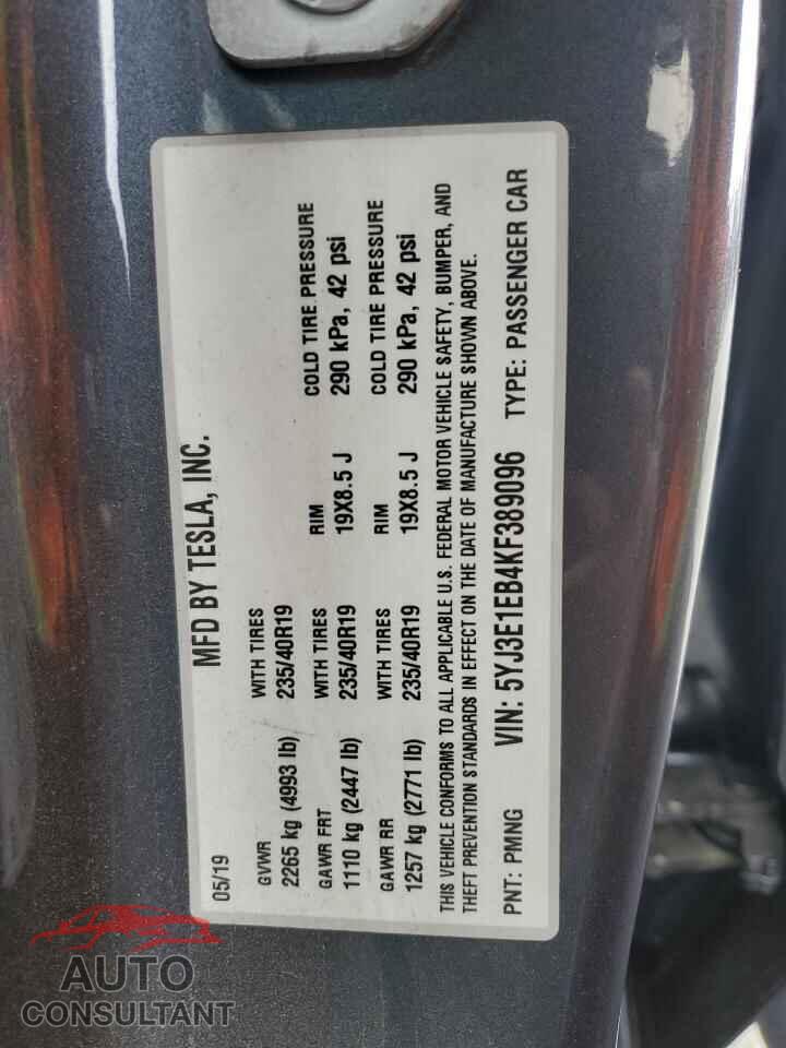 TESLA MODEL 3 2019 - 5YJ3E1EB4KF389096