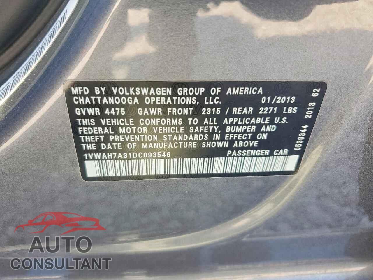 VOLKSWAGEN PASSAT 2013 - 1VWAH7A31DC093546