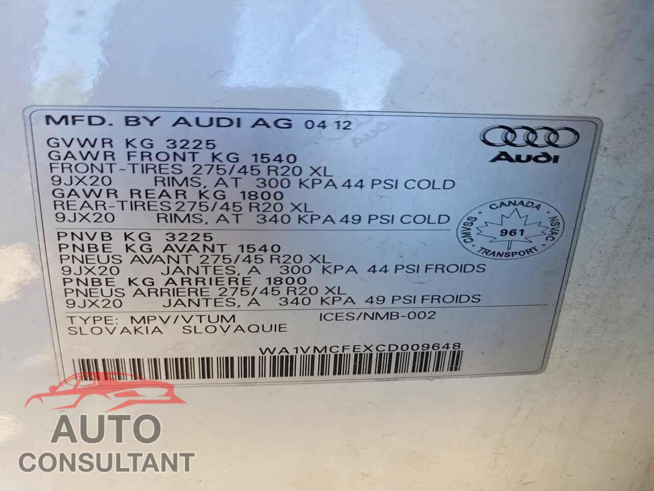 AUDI Q7 2012 - WA1VMCFEXCD009648