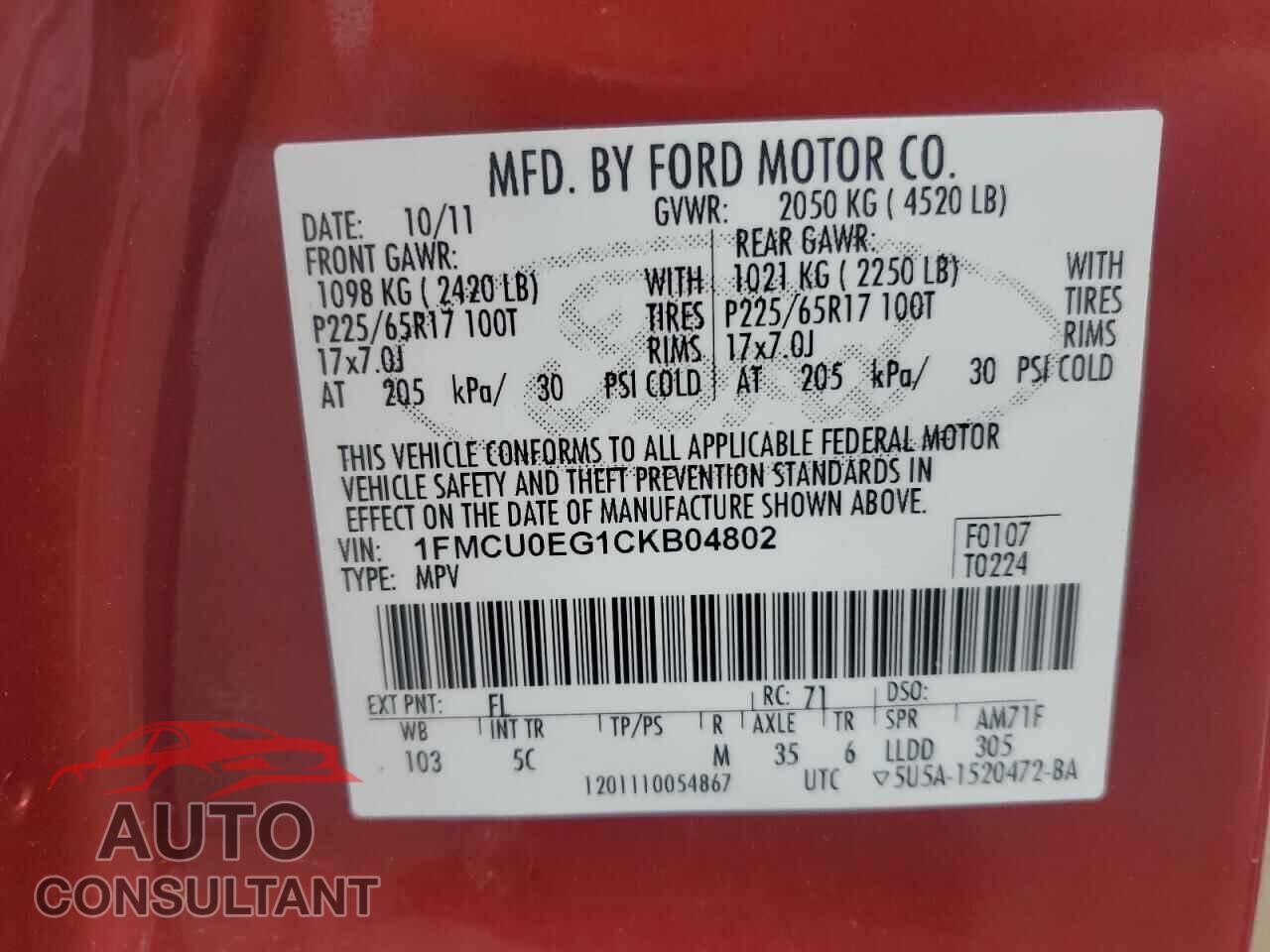 FORD ESCAPE 2012 - 1FMCU0EG1CKB04802