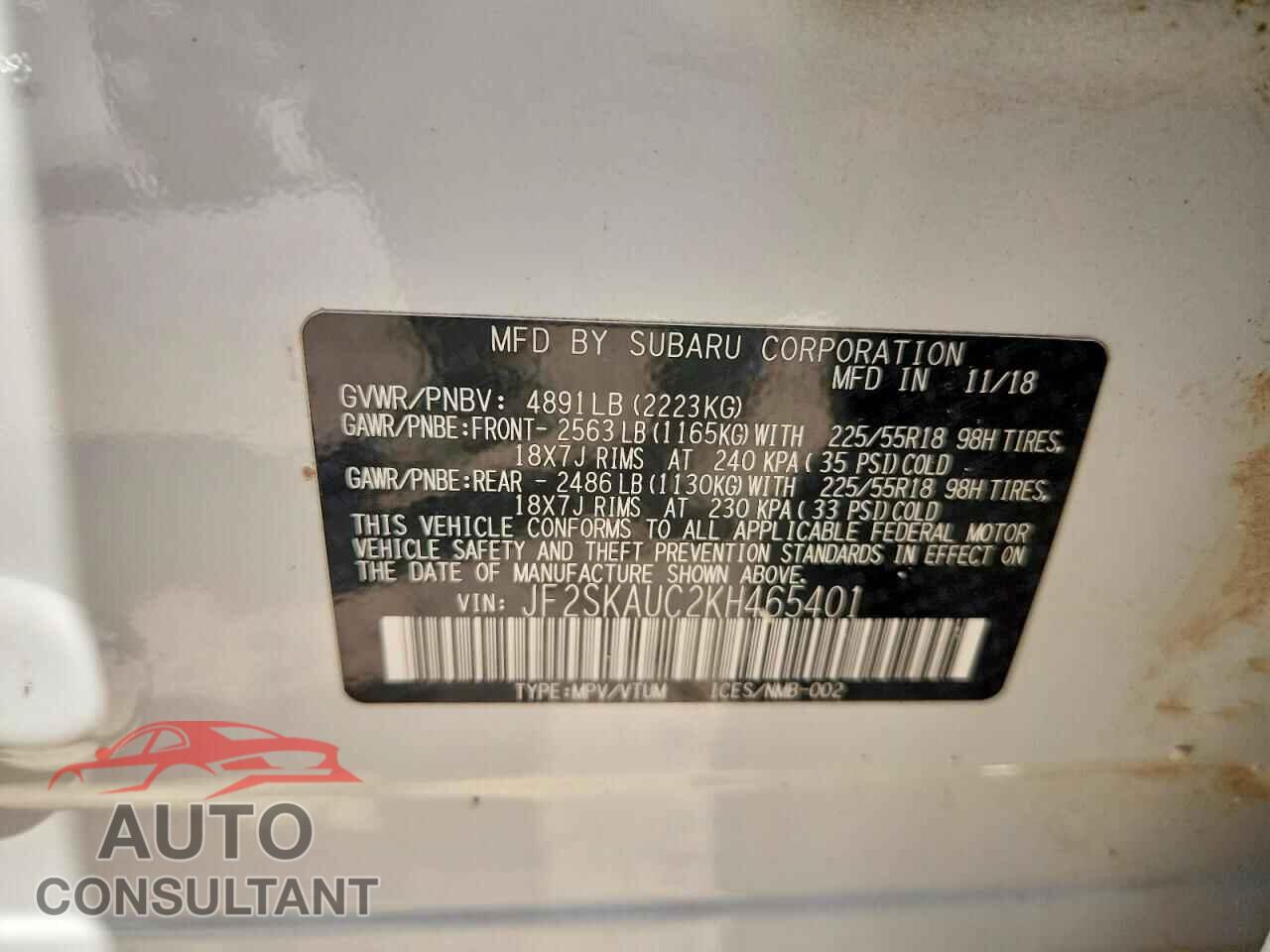 SUBARU FORESTER 2019 - JF2SKAUC2KH465401