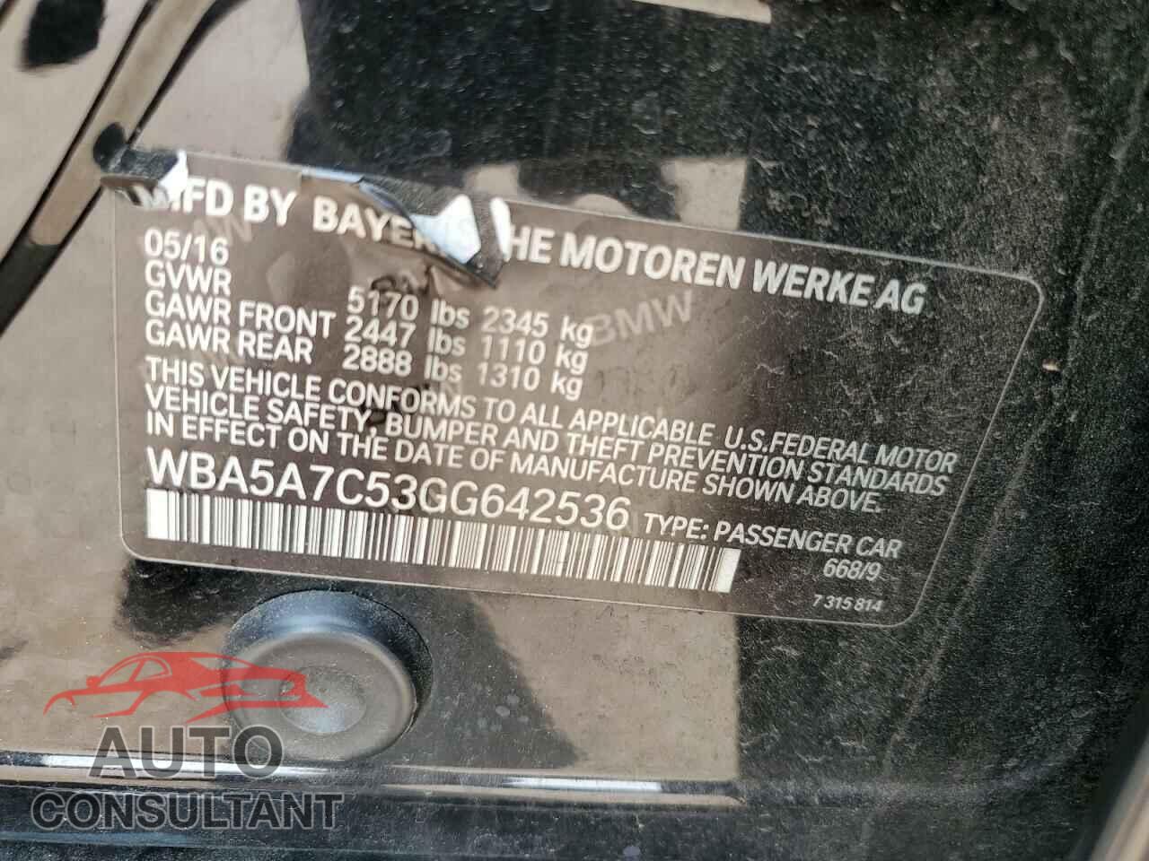 BMW 5 SERIES 2016 - WBA5A7C53GG642536
