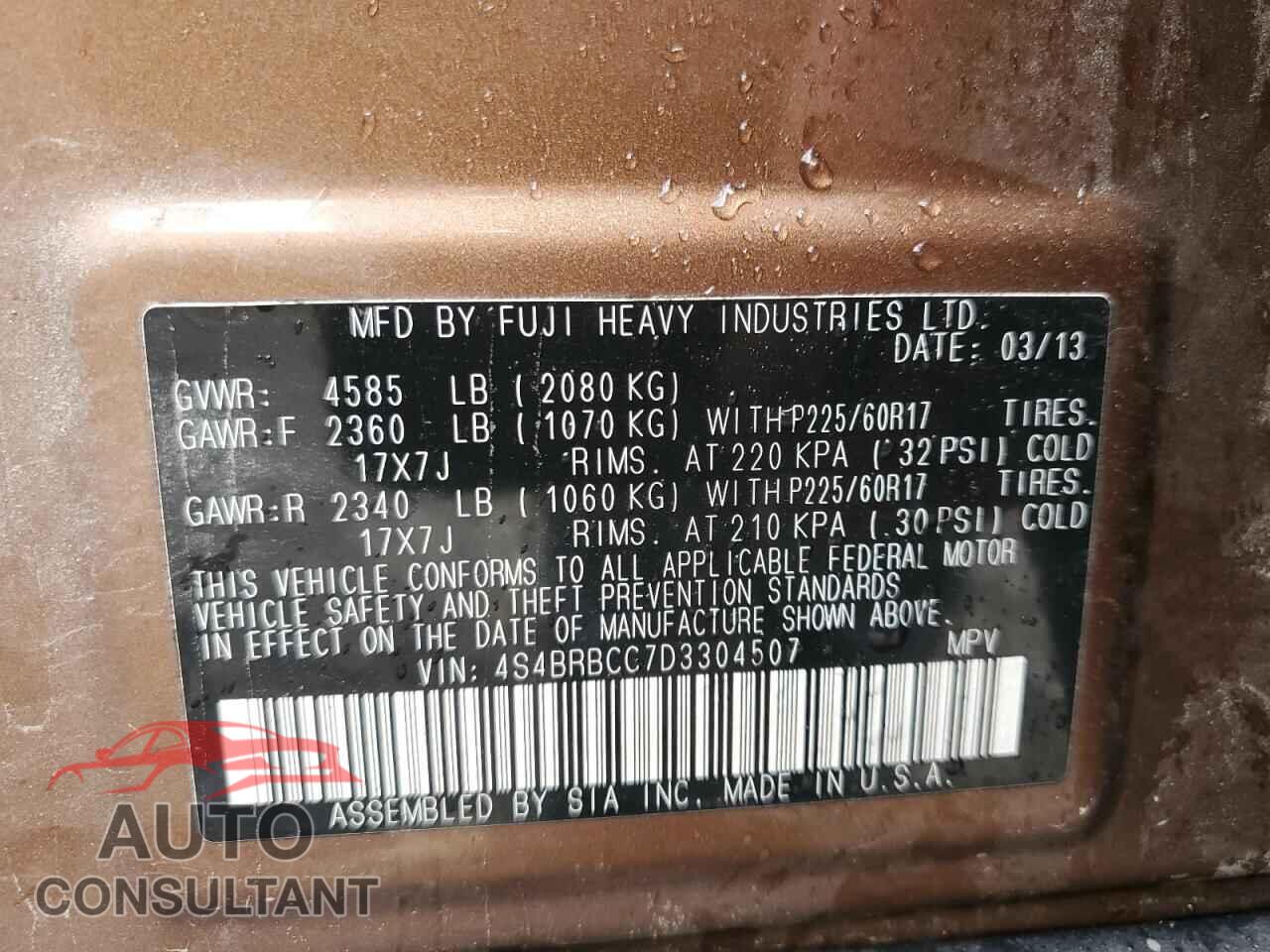 SUBARU OUTBACK 2013 - 4S4BRBCC7D3304507