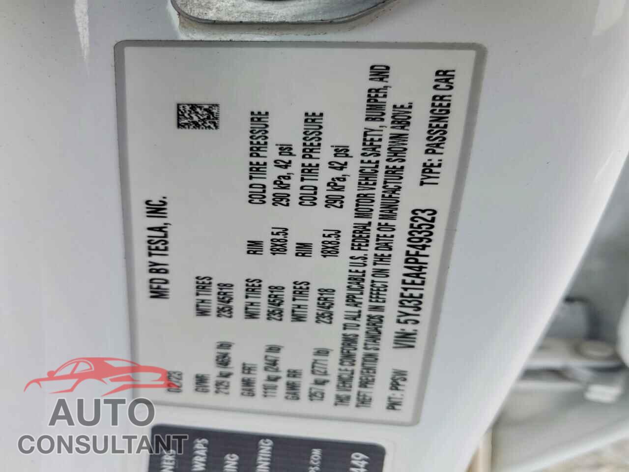 TESLA MODEL 3 2023 - 5YJ3E1EA4PF493523