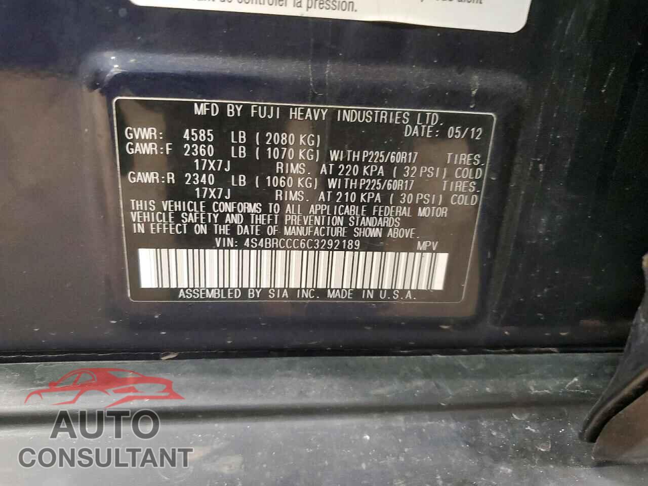 SUBARU OUTBACK 2012 - 4S4BRCCC6C3292189
