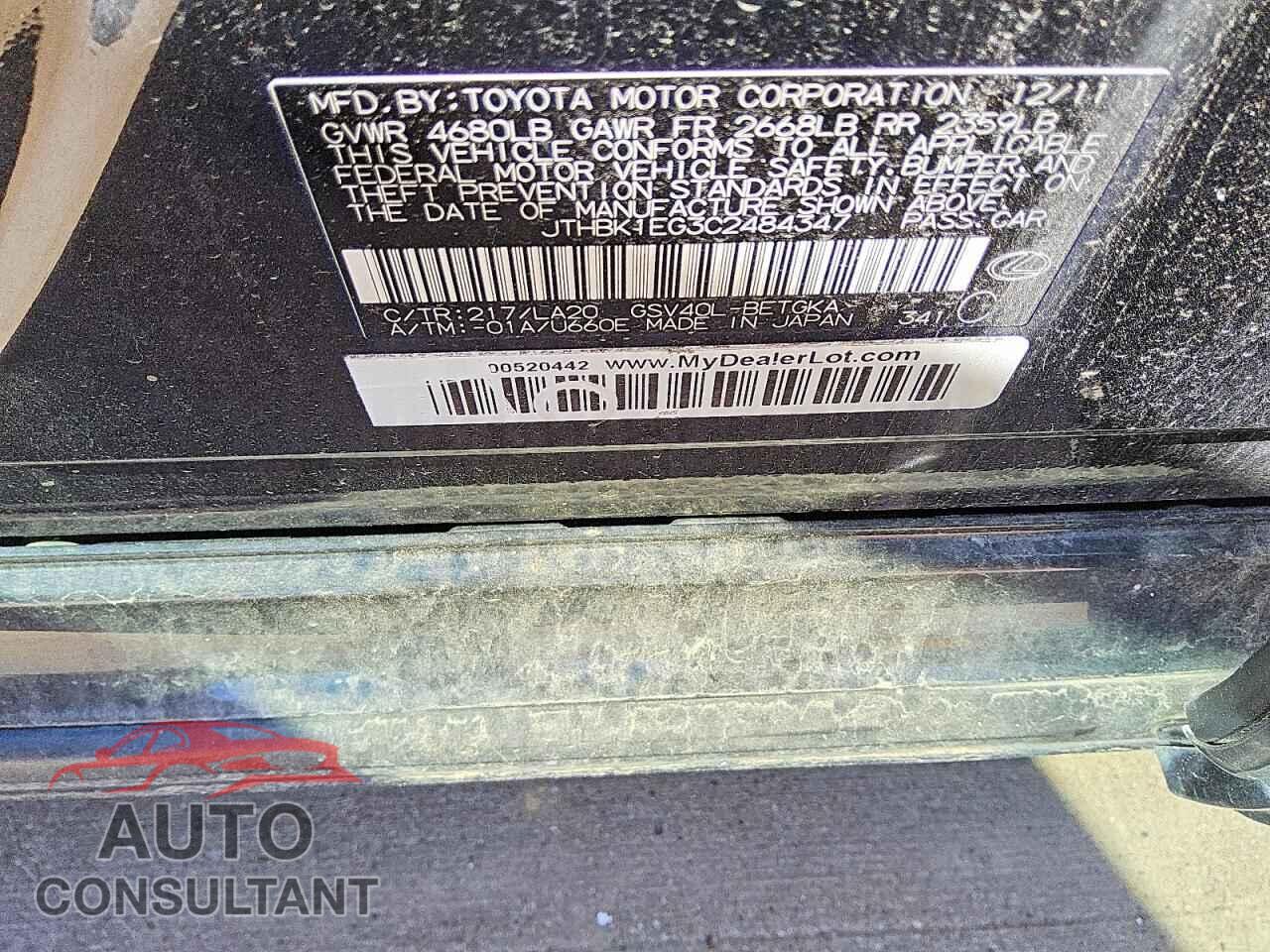LEXUS ES350 2012 - JTHBK1EG3C2484347