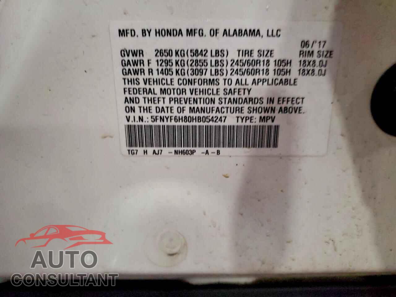HONDA PILOT 2017 - 5FNYF6H80HB054247