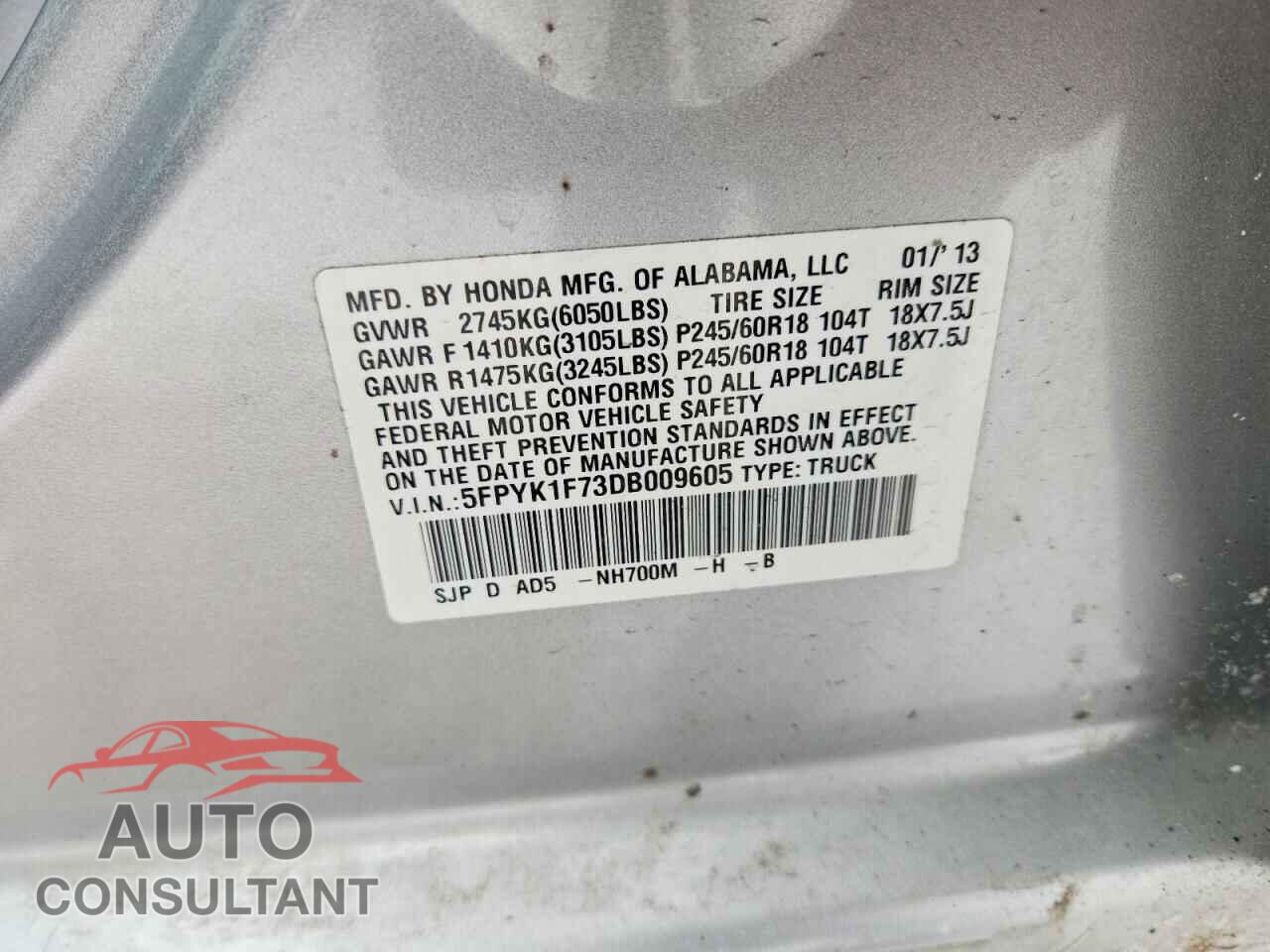 HONDA RIDGELINE 2013 - 5FPYK1F73DB009605