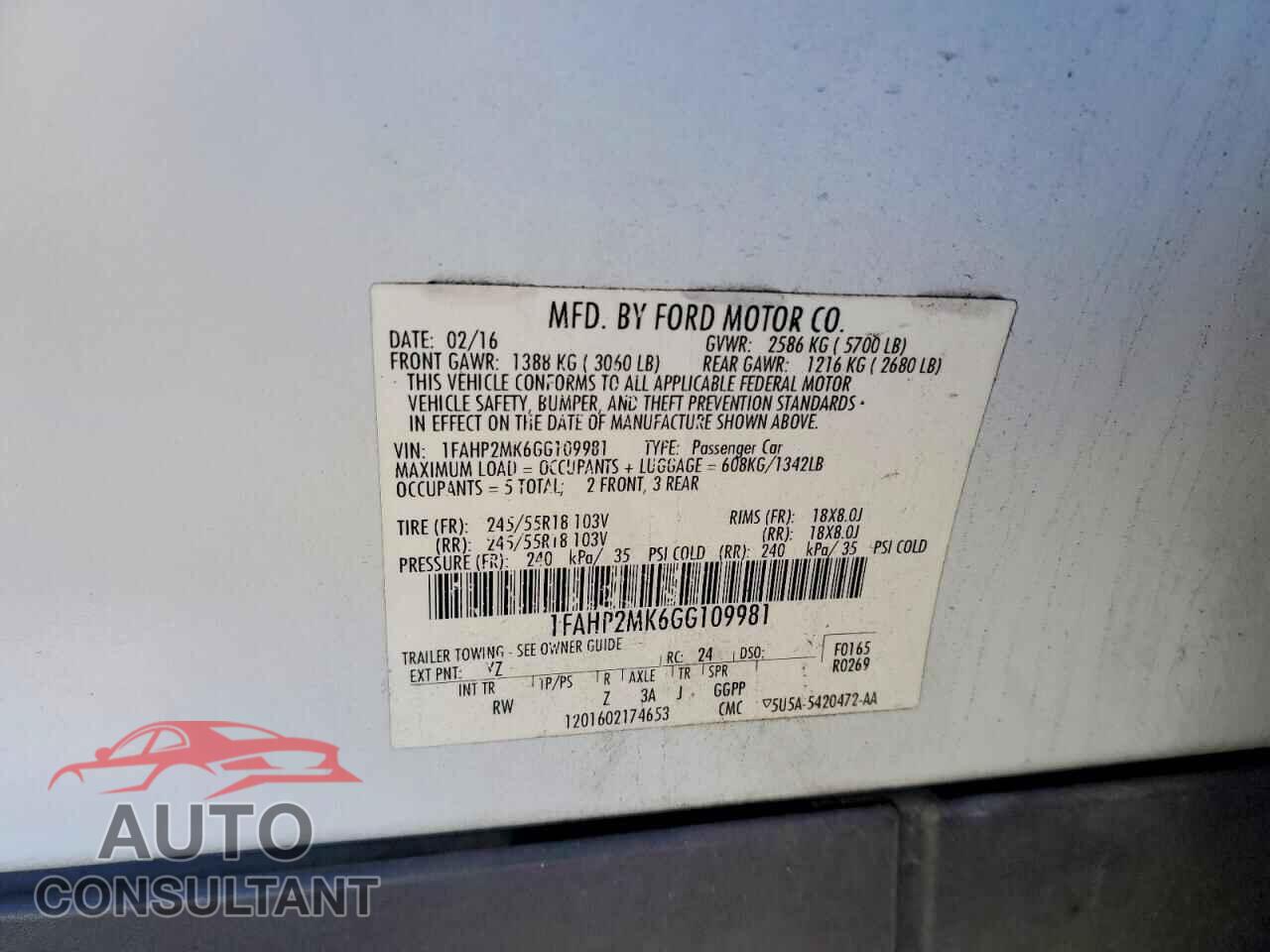 FORD TAURUS 2016 - 1FAHP2MK6GG109981