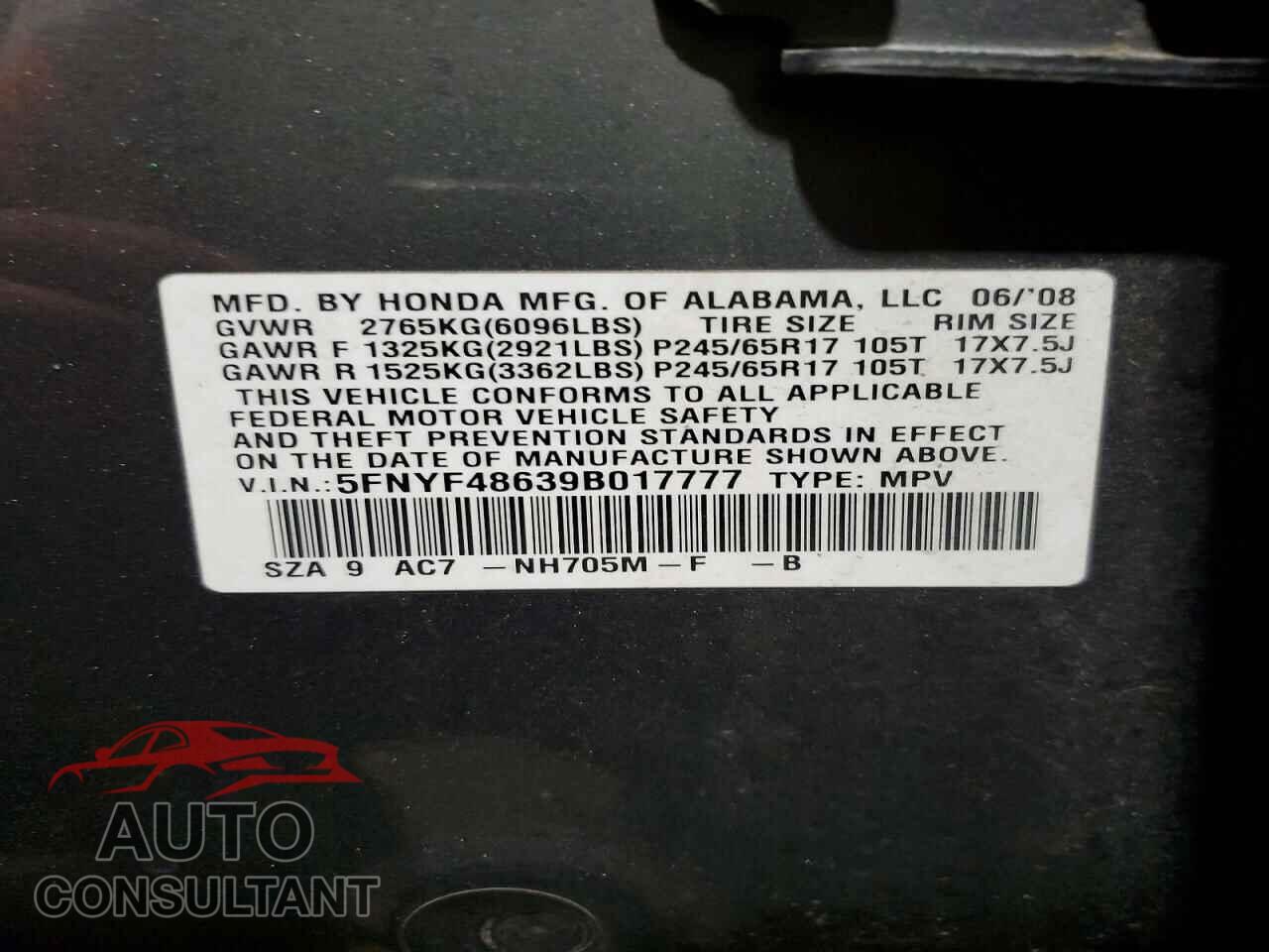 HONDA PILOT 2009 - 5FNYF48639B017777