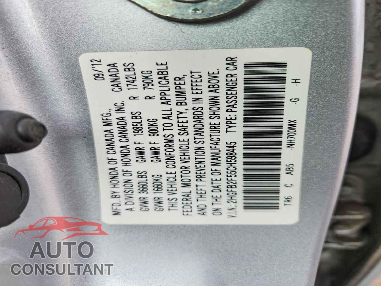 HONDA CIVIC 2012 - 2HGFB2F55CH598445