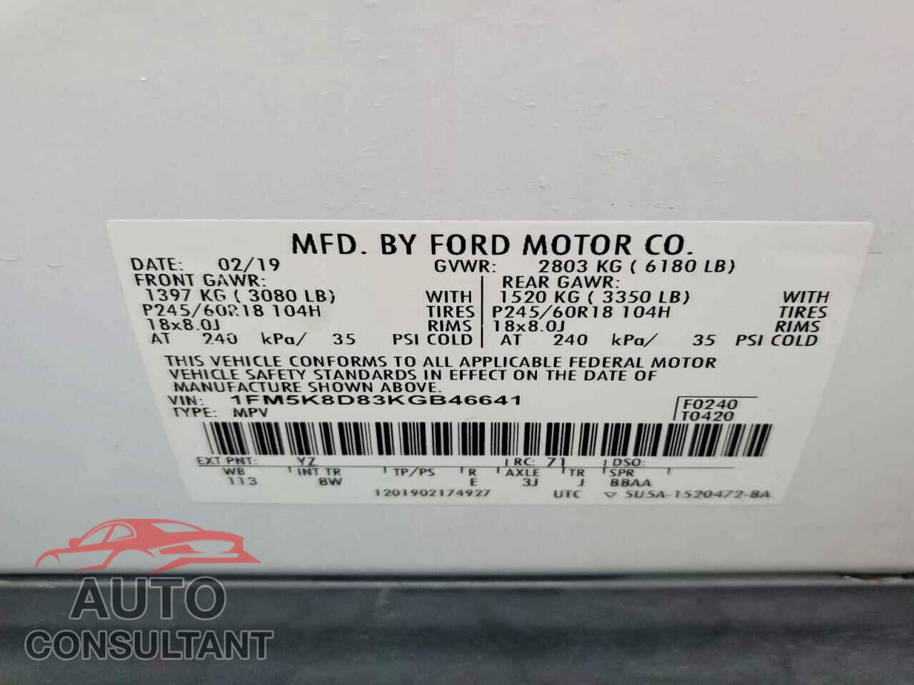 FORD EXPLORER 2019 - 1FM5K8D83KGB46641