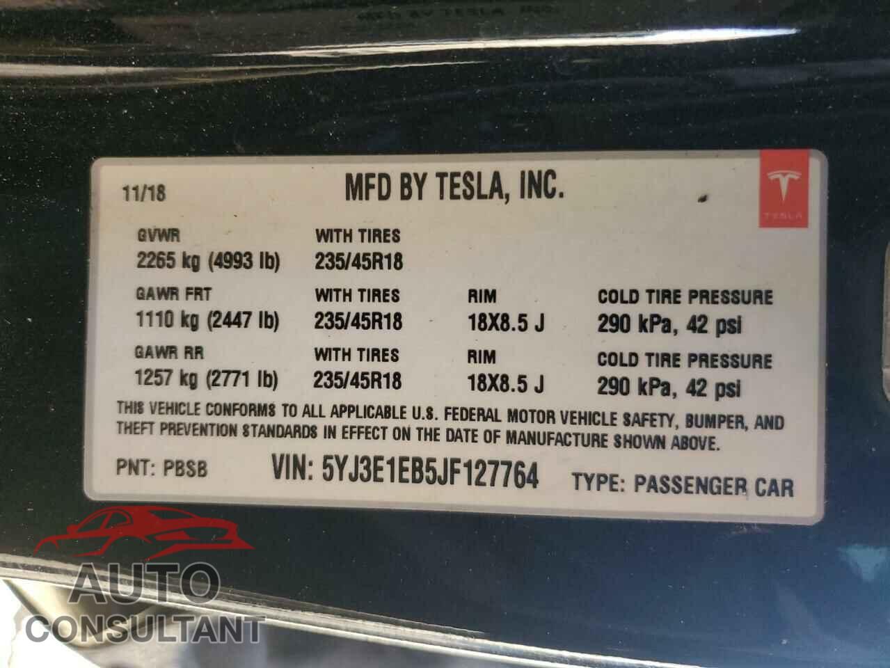 TESLA MODEL 3 2018 - 5YJ3E1EB5JF127764