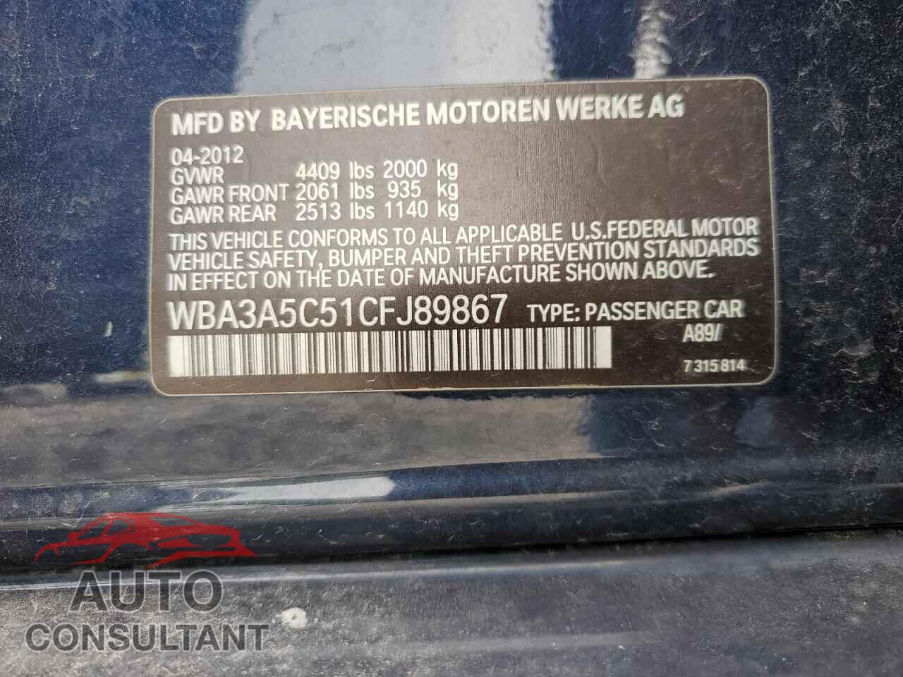 BMW 3 SERIES 2012 - WBA3A5C51CFJ89867