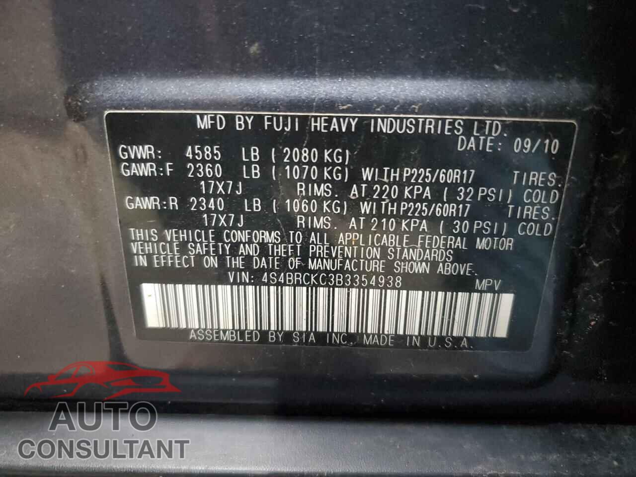 SUBARU OUTBACK 2011 - 4S4BRCKC3B3354938