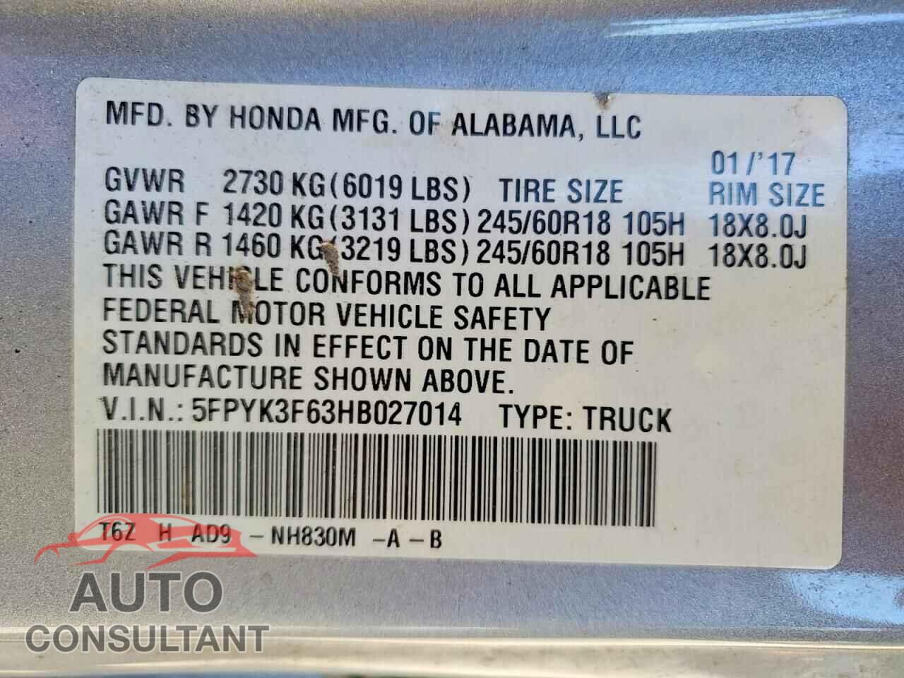 HONDA RIDGELINE 2017 - 5FPYK3F63HB027014