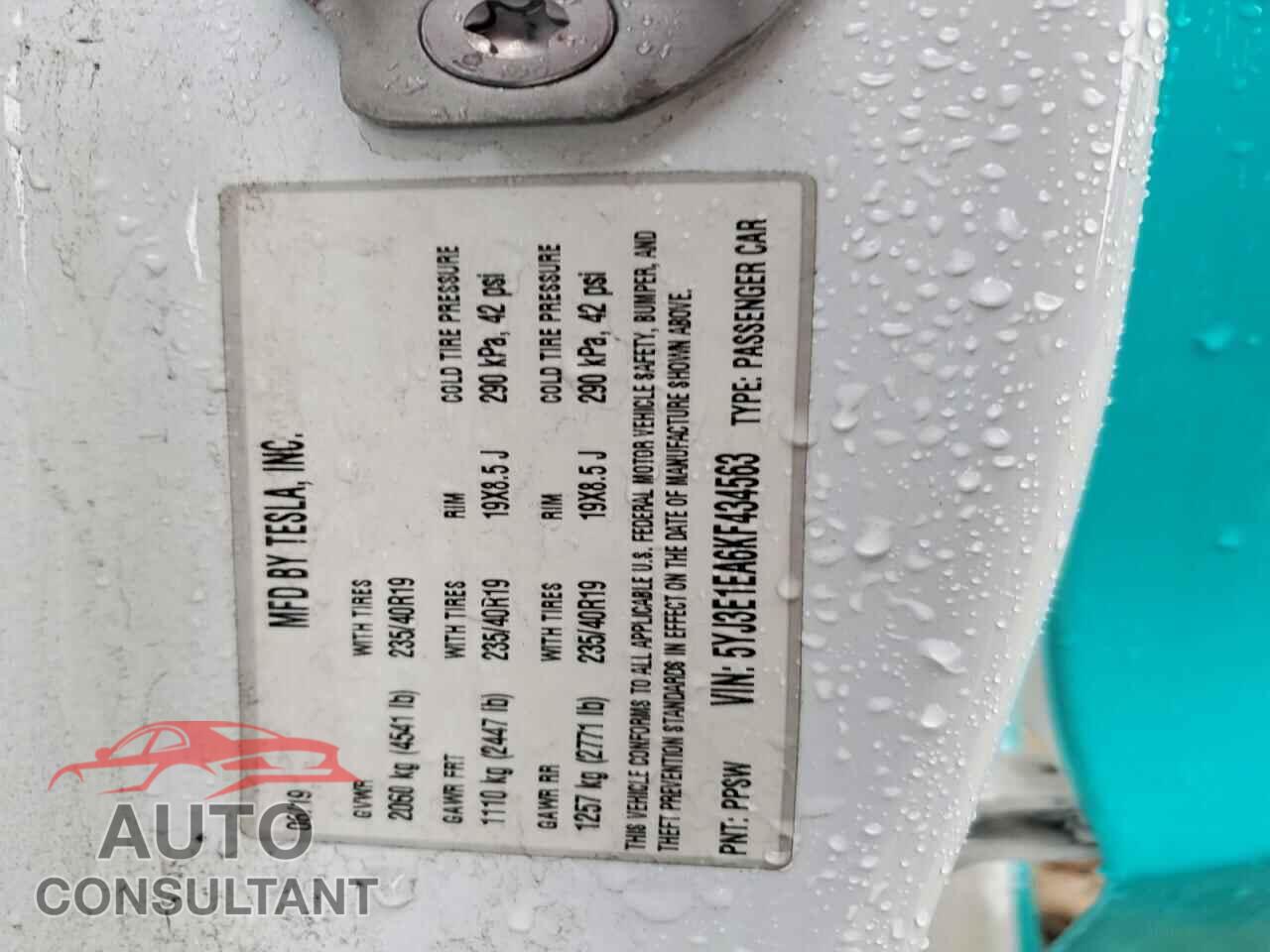 TESLA MODEL 3 2019 - 5YJ3E1EA6KF434563