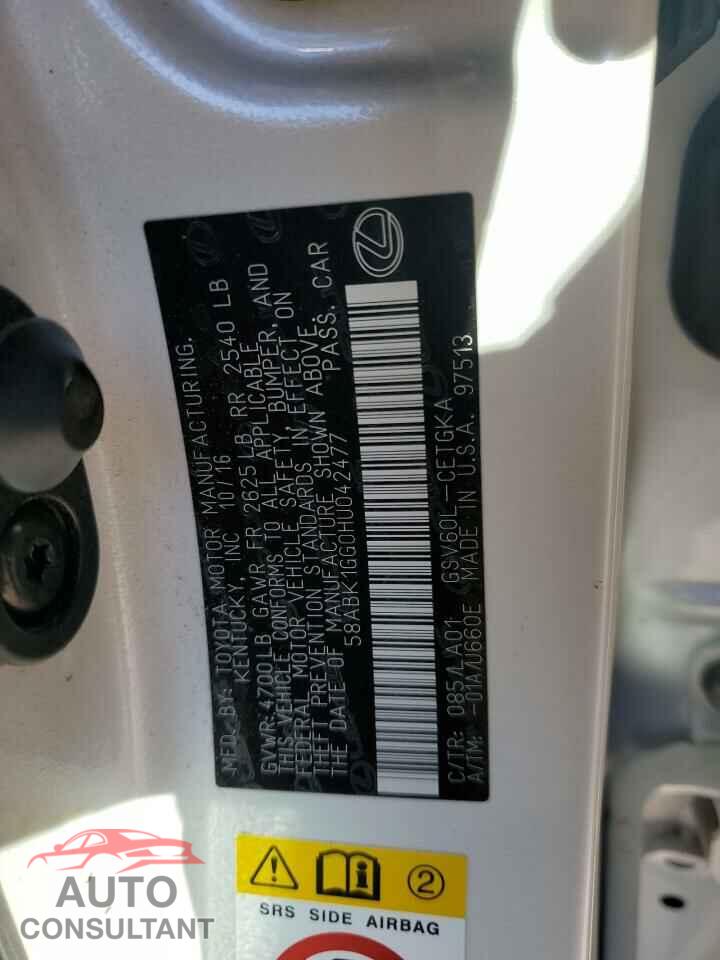 LEXUS ES350 2017 - 58ABK1GG0HU042477