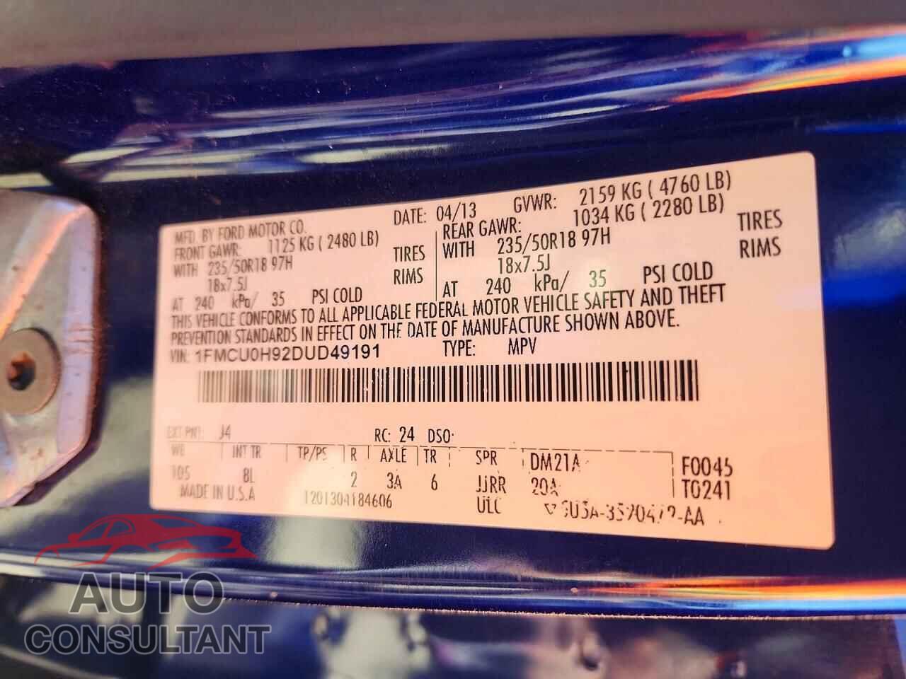 FORD ESCAPE 2013 - 1FMCU0H92DUD49191