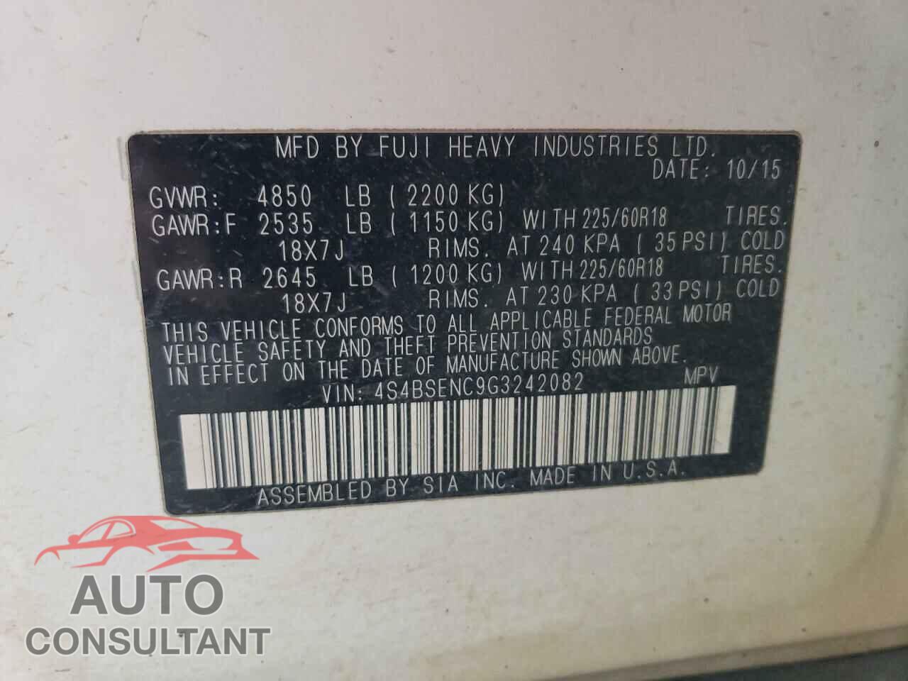 SUBARU OUTBACK 2016 - 4S4BSENC9G3242082