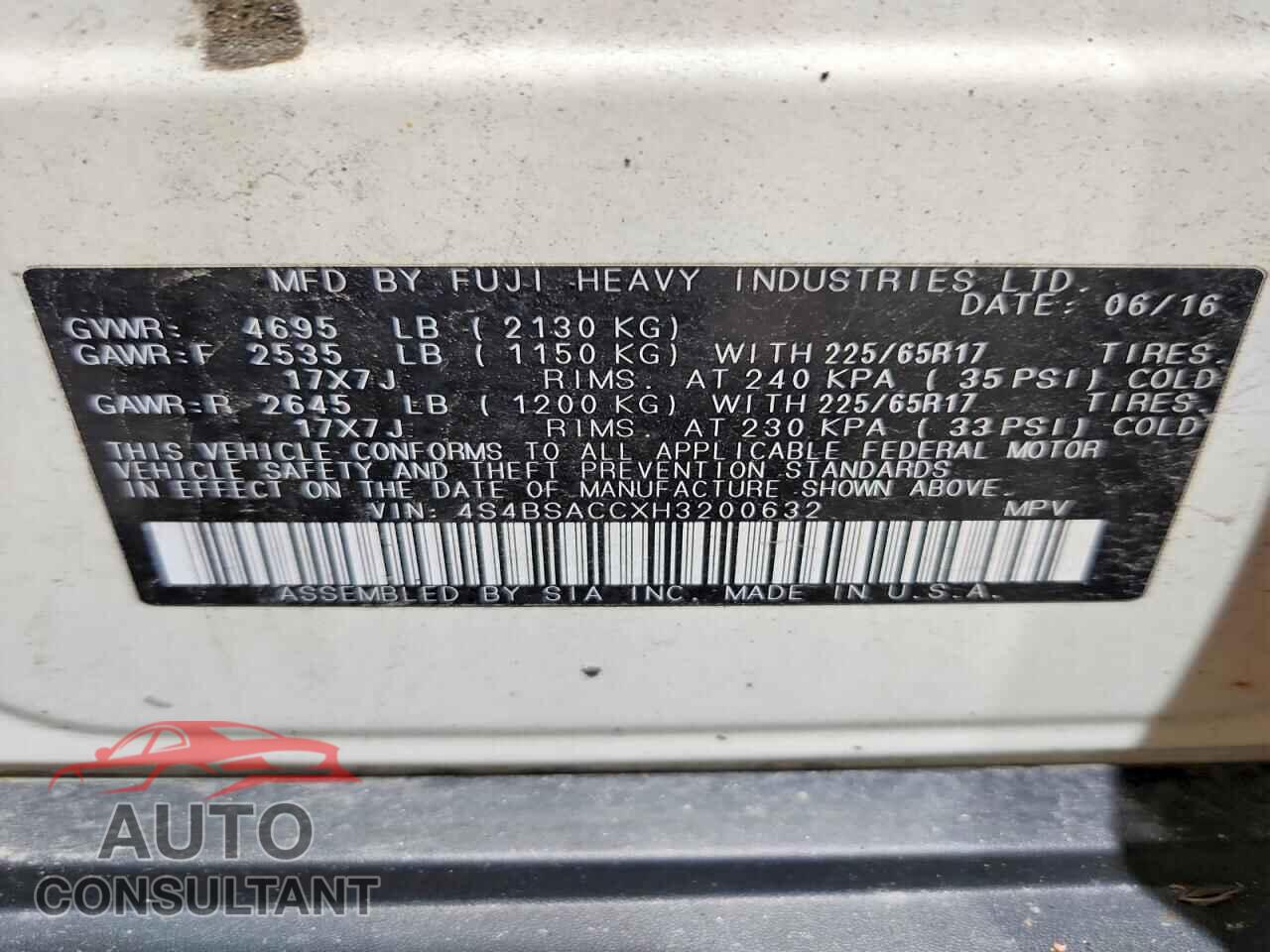 SUBARU OUTBACK 2017 - 4S4BSACCXH3200632
