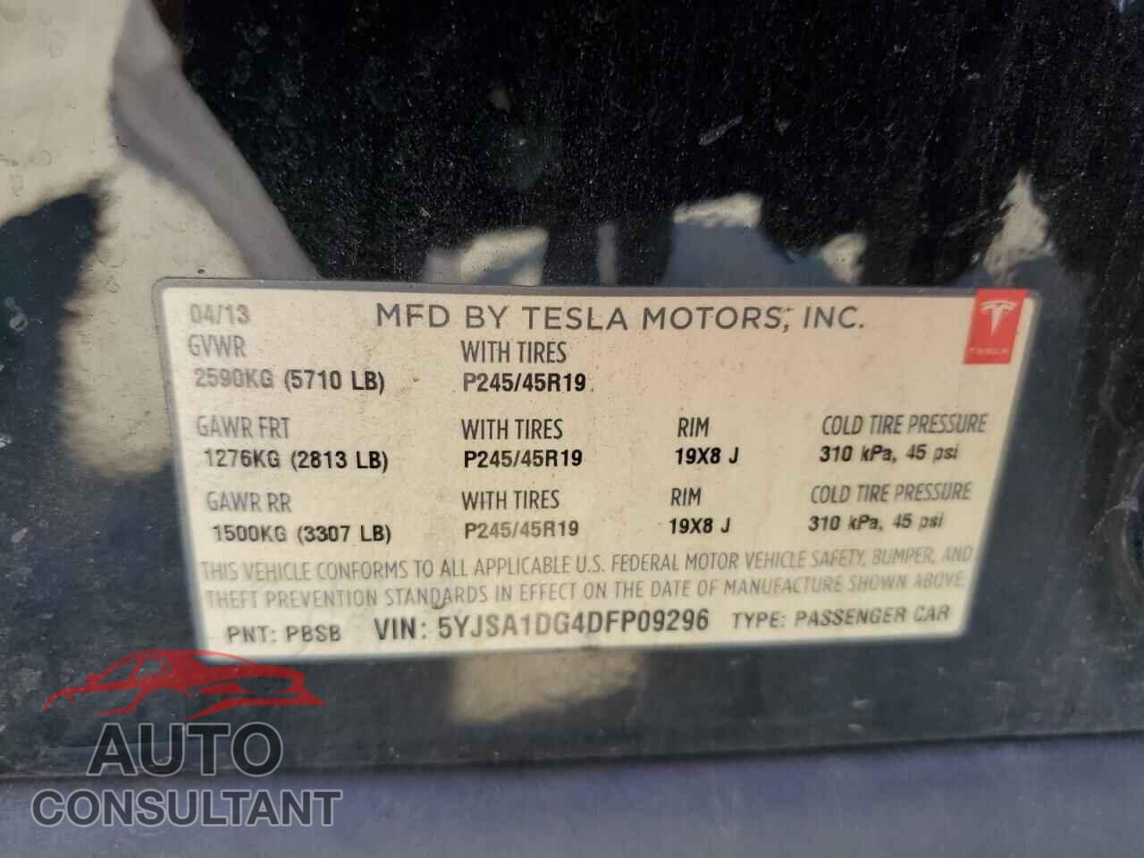 TESLA MODEL S 2013 - 5YJSA1DG4DFP09296
