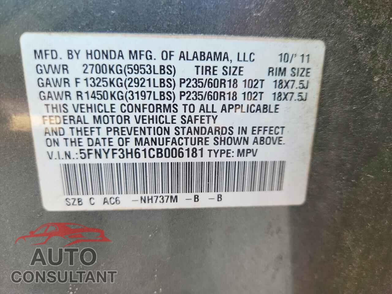 HONDA PILOT 2012 - 5FNYF3H61CB006181
