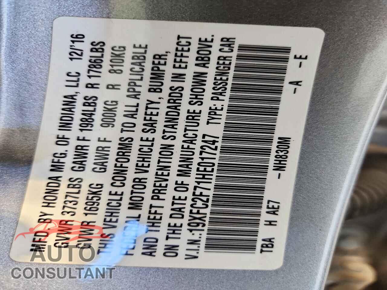 HONDA CIVIC 2017 - 19XFC2F71HE017247