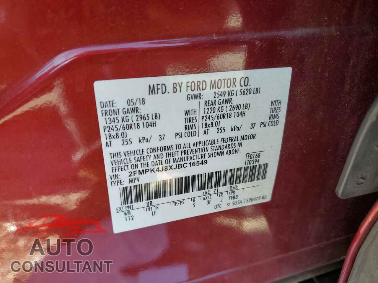 FORD EDGE 2018 - 2FMPK4J8XJBC16549