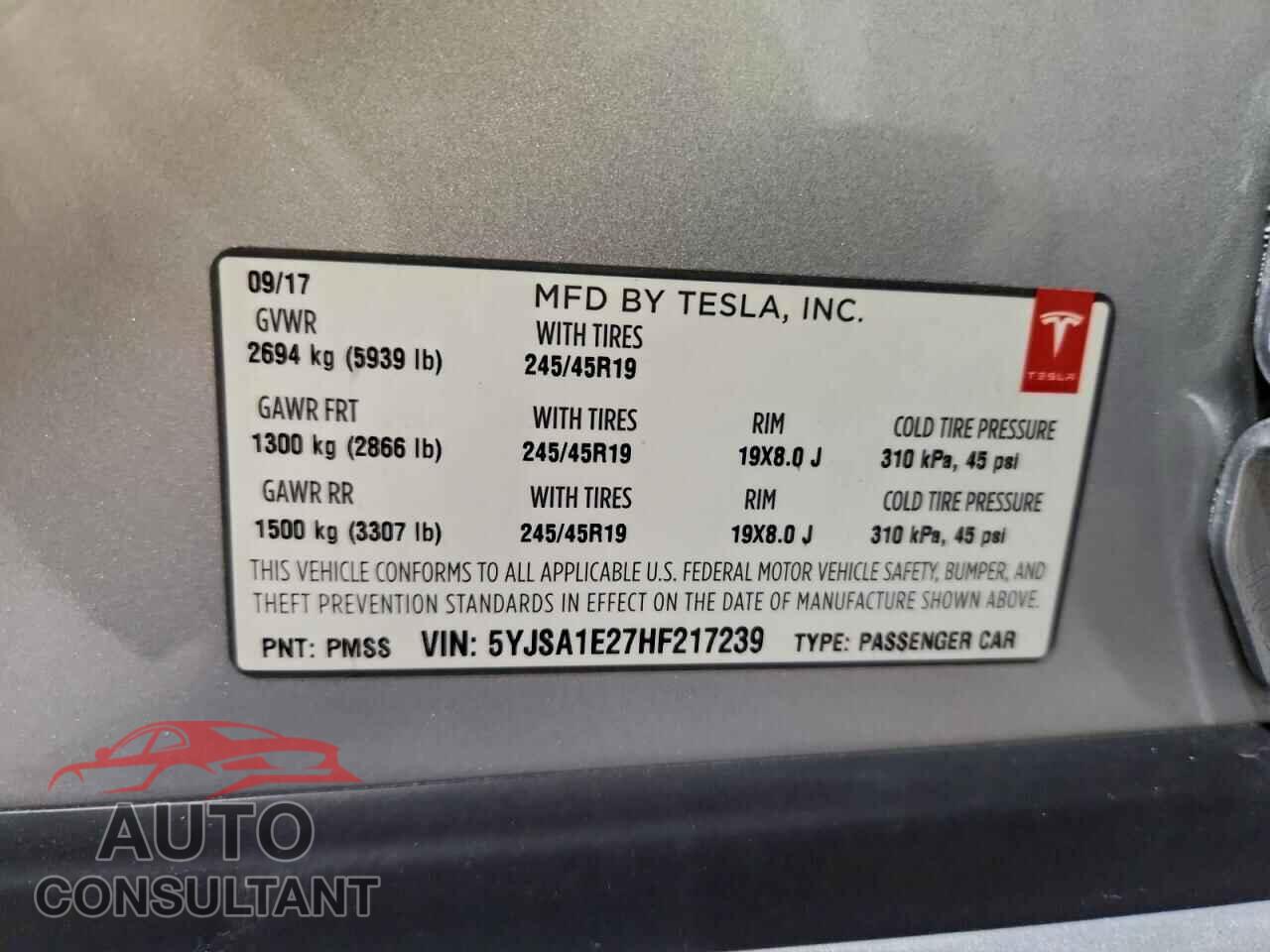 TESLA MODEL S 2017 - 5YJSA1E27HF217239