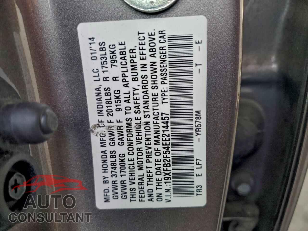 HONDA CIVIC 2014 - 19XFB2F54EE214457