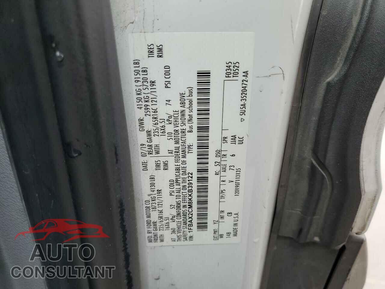 FORD TRANSIT 2019 - 1FBAX2CM8KKB39122