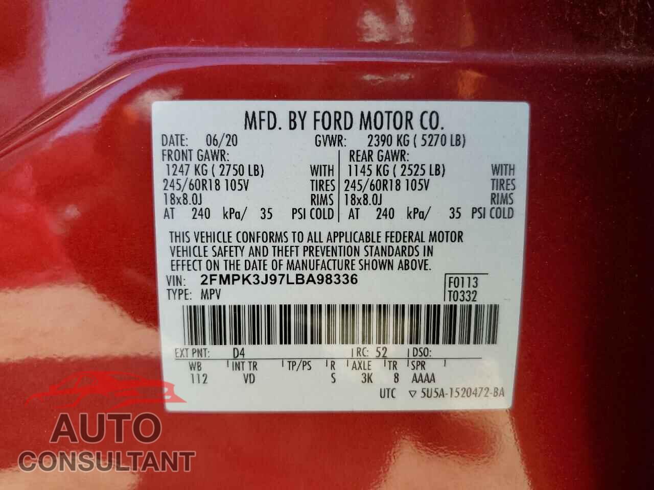 FORD EDGE 2020 - 2FMPK3J97LBA98336