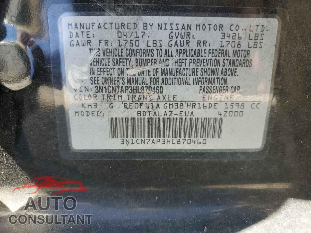 NISSAN VERSA 2017 - 3N1CN7AP3HL870460