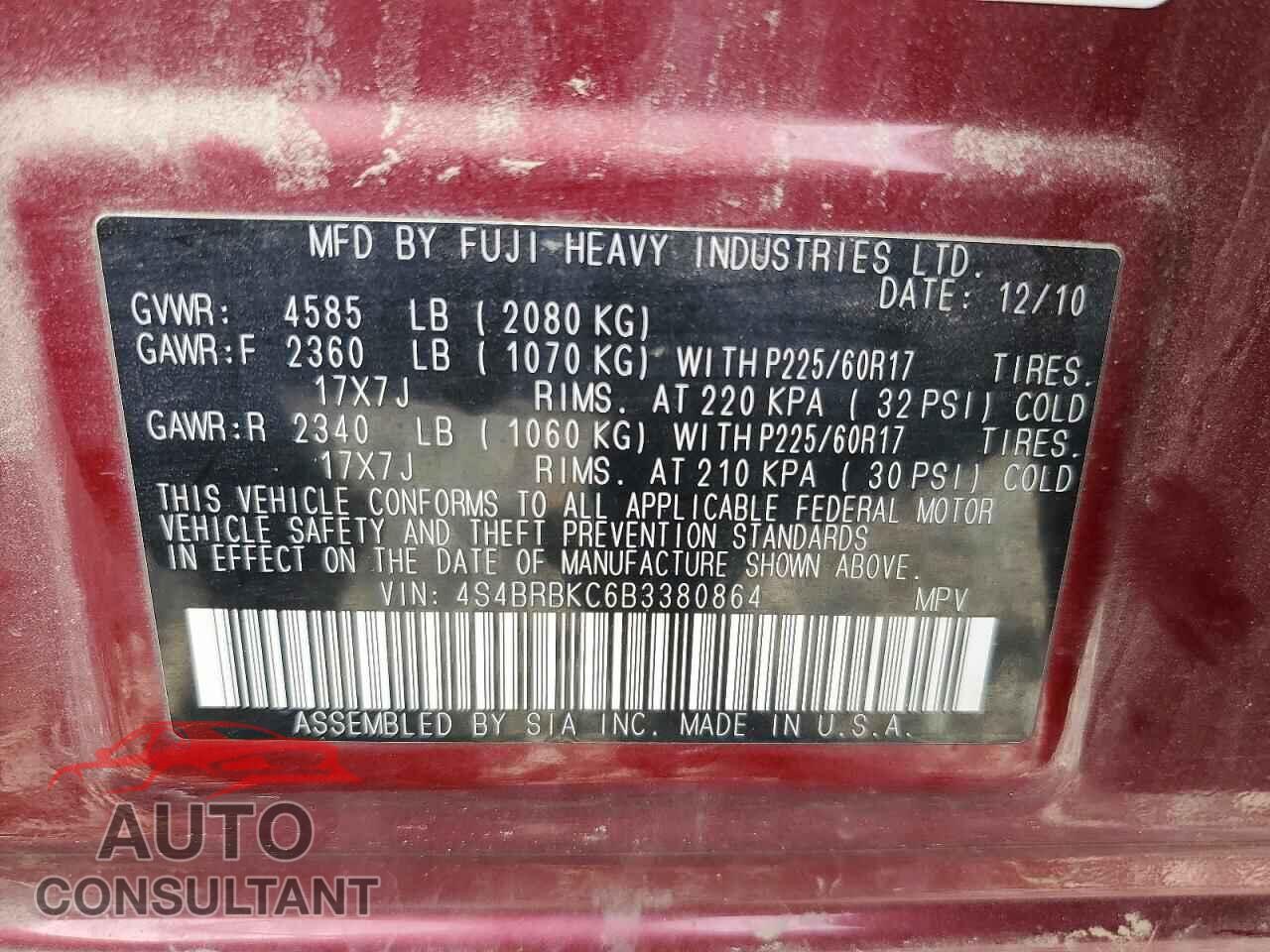 SUBARU OUTBACK 2011 - 4S4BRBKC6B3380864