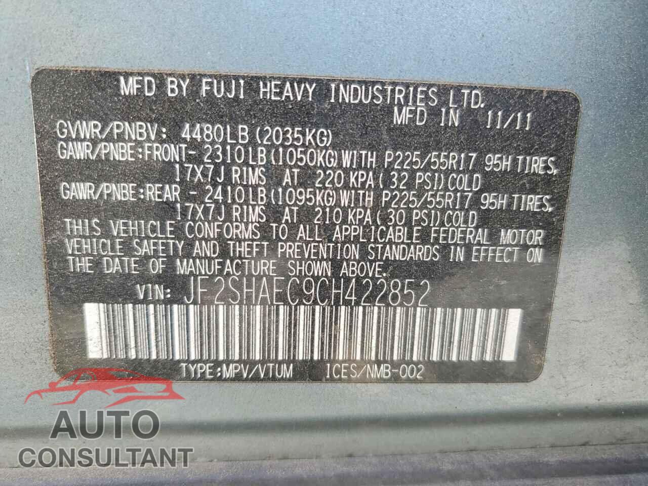 SUBARU FORESTER 2012 - JF2SHAEC9CH422852